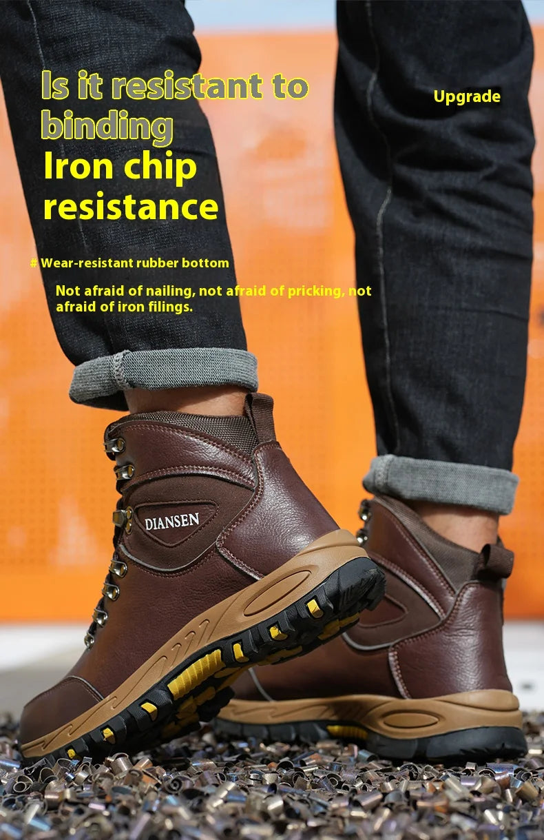 Botas de seguridad de trabajo indestructibles de cuero impermeables para hombre, botas militares para exteriores, zapatos industriales antigolpes y antipinchazos para hombre