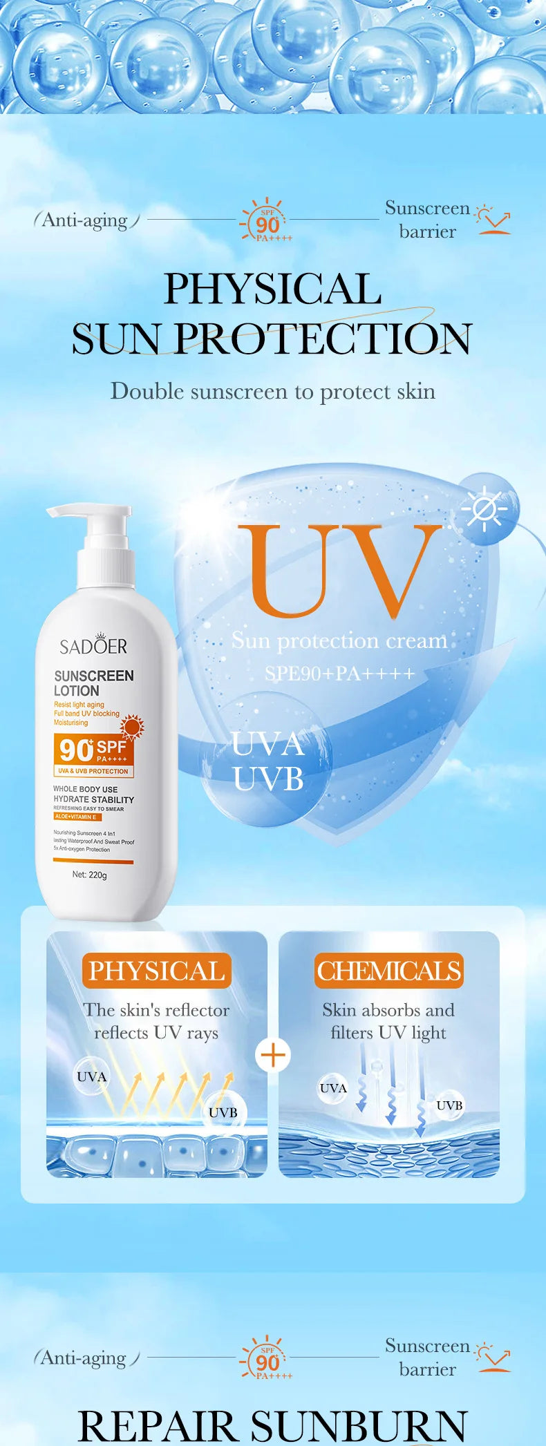Loción solar súper 220ml con vitamina E para el cuerpo y la cara SPF 90 PA++++ Uso del cuerpo entero Protege + Hidratación