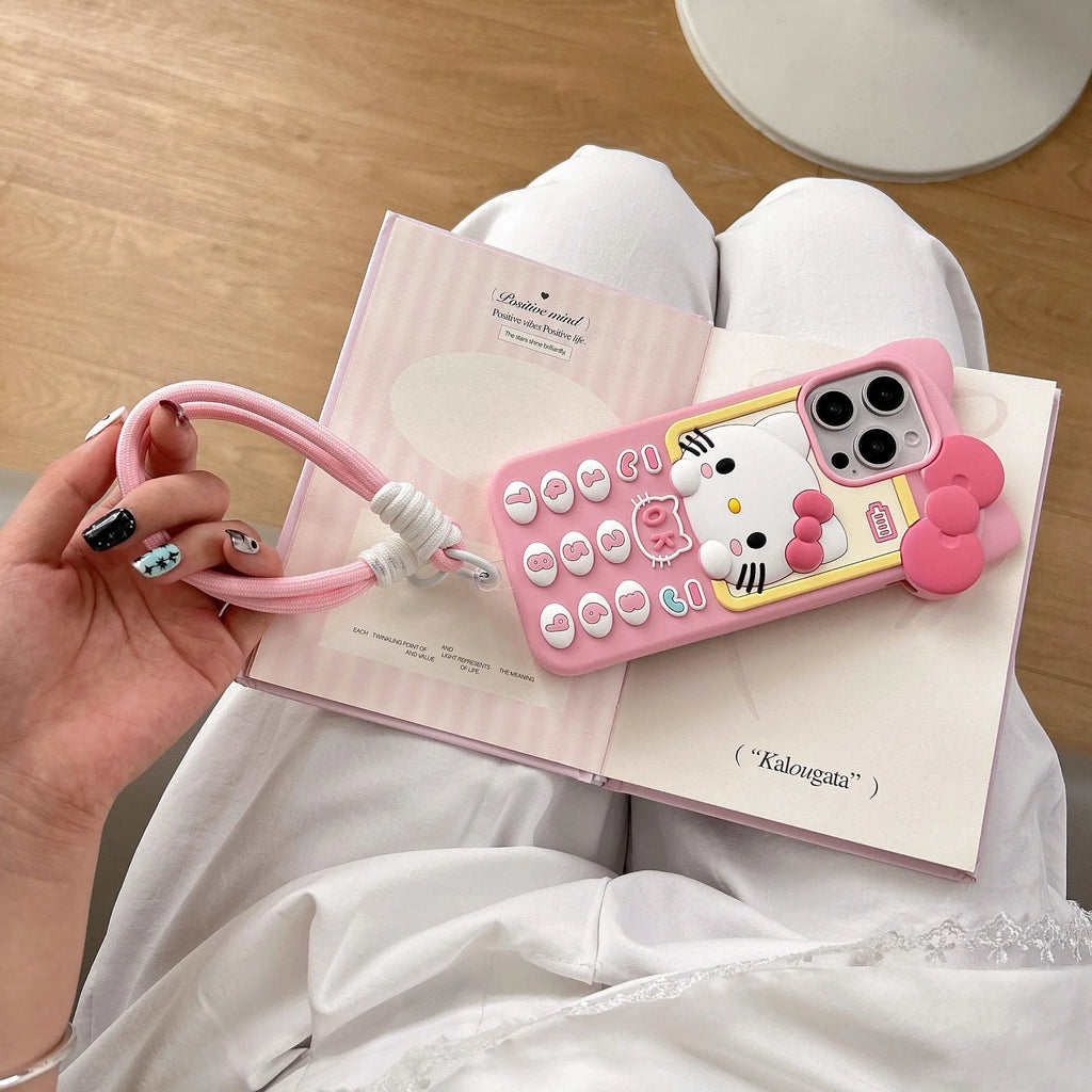 Lindo teléfono 3D Hello Kitty funda de teléfono para iPhone 17 16 15 14 13 Pro Max Plus 17 Pro cubierta de silicona suave de dibujos animados con cordón