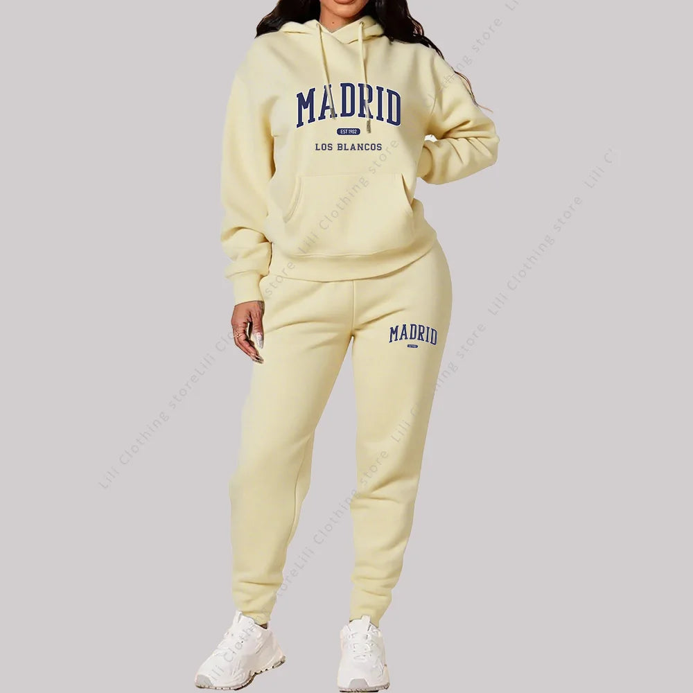 Nuevo chándal para mujer, sudaderas con capucha de otoño e invierno, pantalones de chándal, trajes de 2 piezas, ropa deportiva con estampado de Madrid, conjuntos de pantalones para mujer