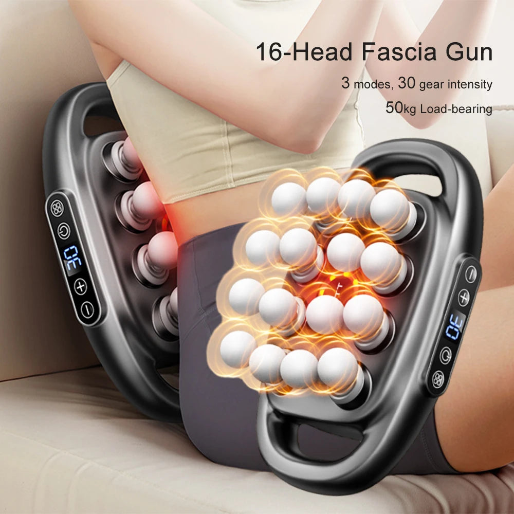 Pistola de Fascia de 16 cabezales, pistola de masaje corporal con vibración de alta frecuencia, masajeador de espalda y cintura, masajeador de cuello y hombros, masajeador muscular