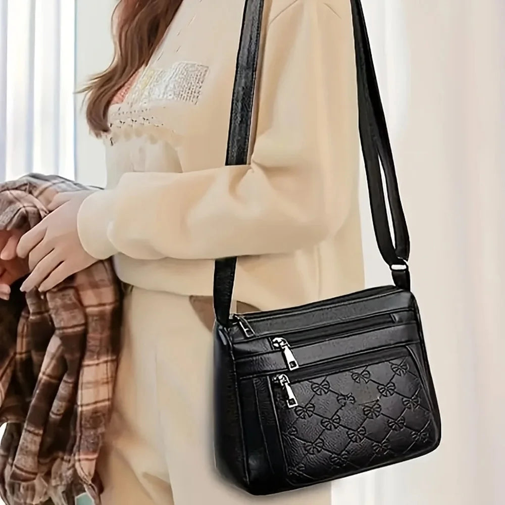 Bolso de Hombro de Moda para Mujer, de Piel Sintética, Gran Capacidad, con Múltiples Bolsillos, Estilo Mamá, Negro, Repujado, para Salidas y Fiestas