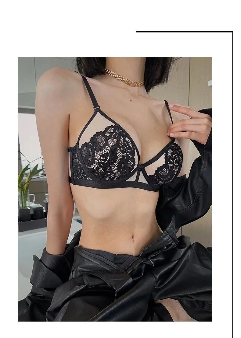 Conjunto de sujetador y bragas con forro fino de retazos de encaje sin espalda en U, ropa interior con realce, lencería hermosa para mujer, bragas de malla