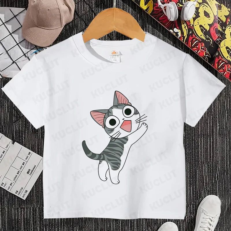 Camiseta con estampado de gato para niños y niñas, camiseta de dibujos animados, camiseta informal de manga corta, ropa cómoda y divertida para verano