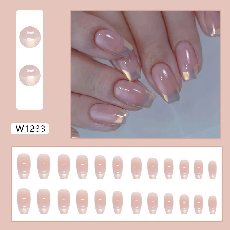Dulce francés 24 Uds. De uñas postizas degradadas rosas, manicura de dedos artificiales brillantes, uñas postizas reutilizables para mujeres