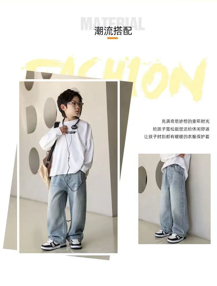 Pantalones vaqueros cálidos de invierno para niños, nuevo estilo, pantalones vaqueros holgados de pierna recta de marca a la moda para adolescentes y niños, pantalones sueltos para niños