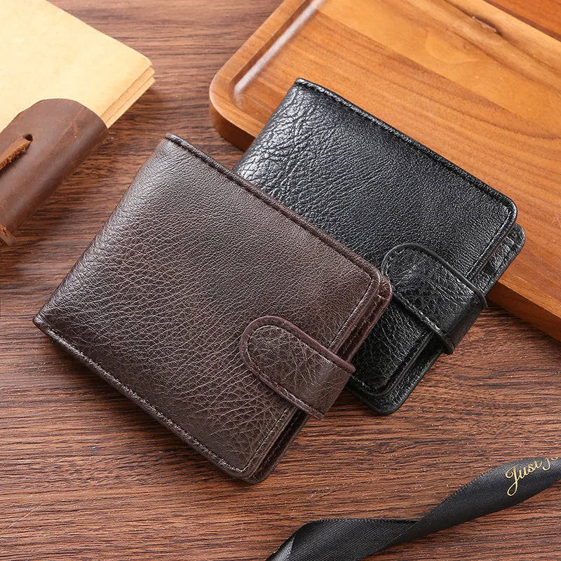 Cartera Vintage para hombre, billeteras de cuero con cerrojo corto para hombre, monedero duradero informal, tarjeteros de identificación para foto delgada, monedero con Clip para dinero