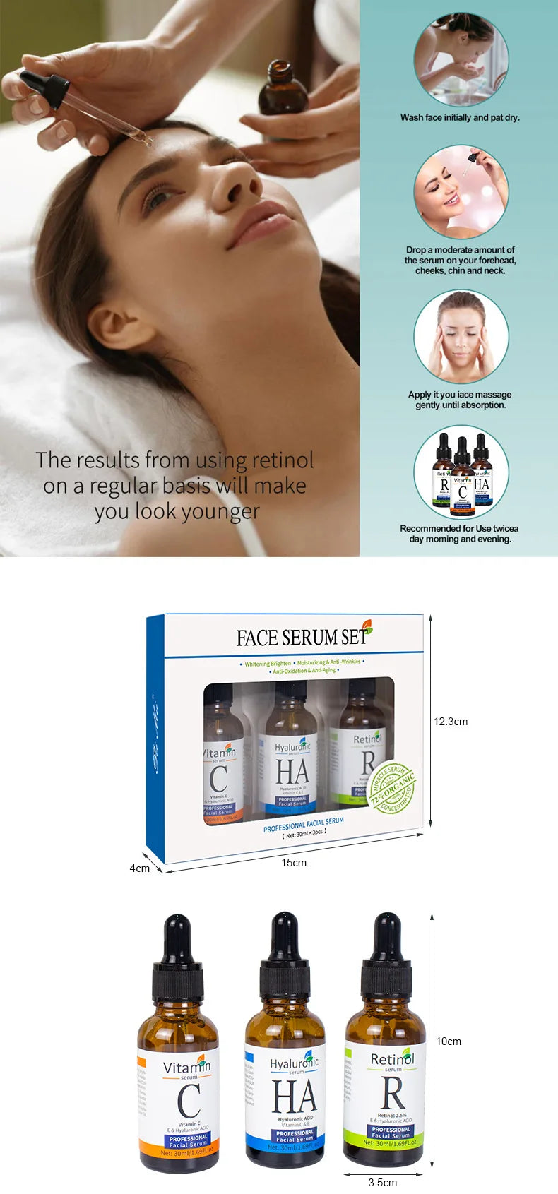 Sueros faciales, juego de cuidado de la piel, vitamina C, ácido hialurónico, suero de Retinol para reafirma la cara, suero hidratante iluminador para cara Se