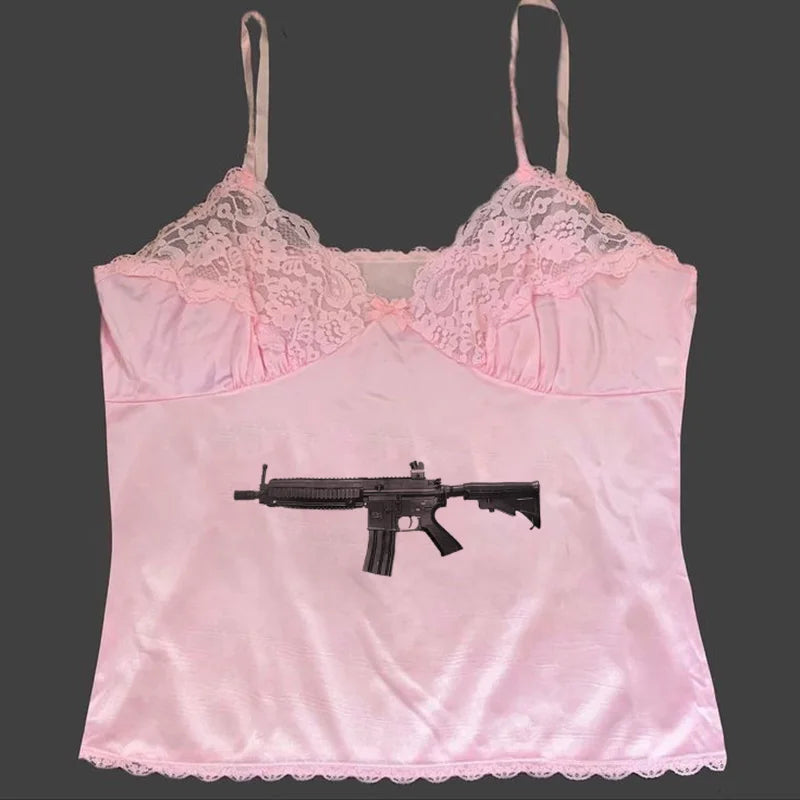 Rock Gothic Y2k Lace Tank Top Gun Harajuku Graphic Print Streetwear Sleeveless Top Punk Retro Sling Spicy Girls Hip Hop Crop top