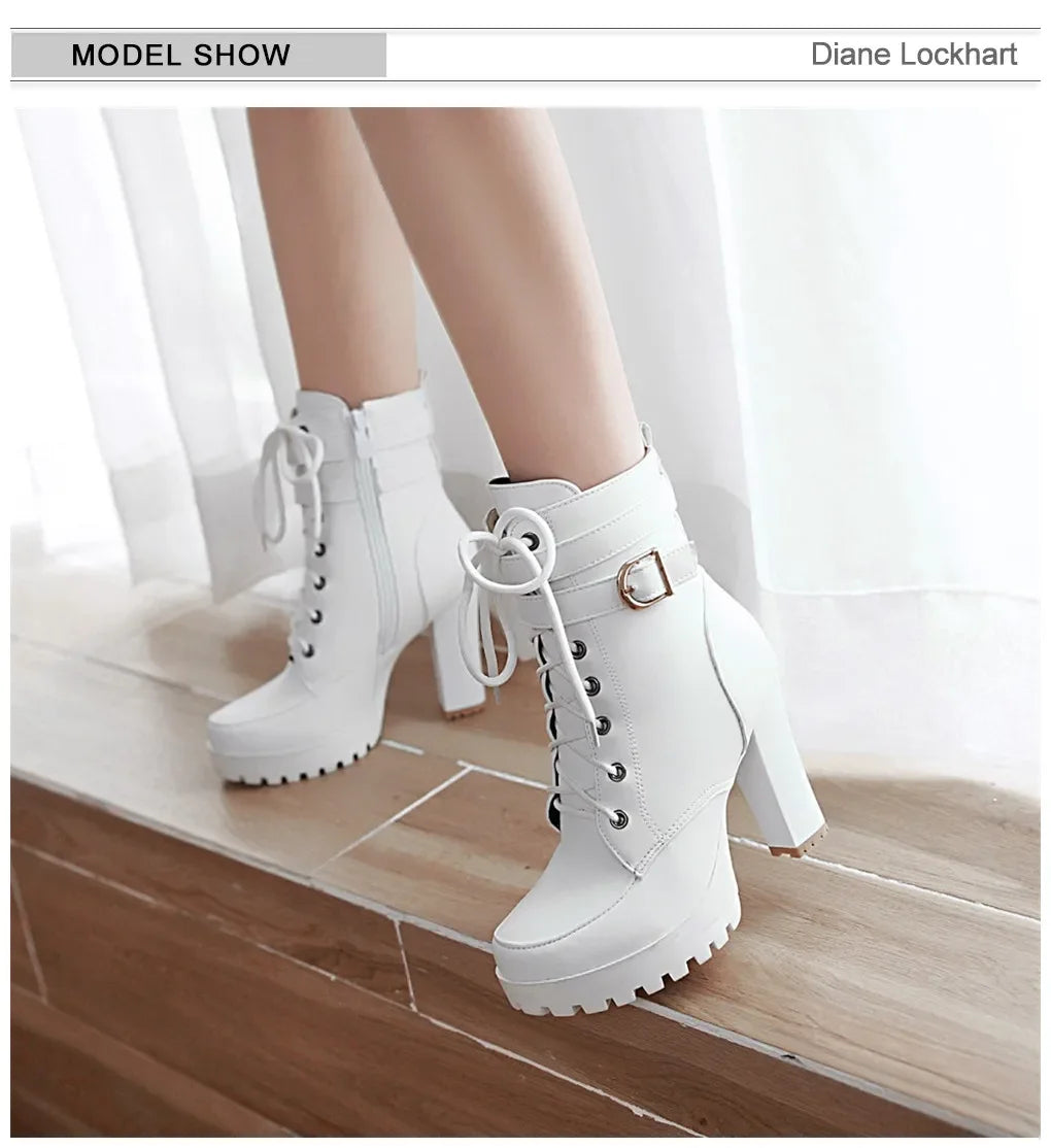 Zapatos de mujer Botas de moto Otoño Invierno Botas de mujer 2025 Botas de tobillo elegantes para mujer Plataformas de tacón alto Botas sexis con hebilla blanca