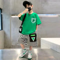 Conjunto de ropa de moda para niños, ropa de verano de manga corta para adolescentes, traje, camiseta con letras, pantalones cortos a cuadros, 2 uds., trajes de ropa de descanso para niños