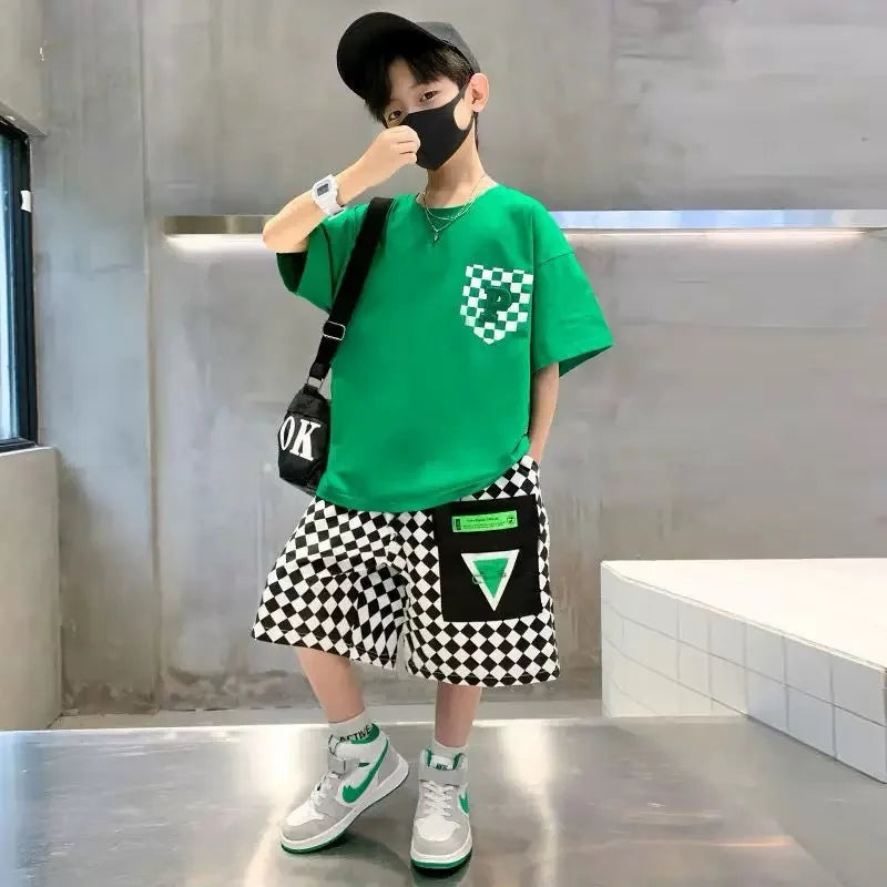 Conjunto de ropa de moda para niños, ropa de verano de manga corta para adolescentes, traje, camiseta con letras, pantalones cortos a cuadros, 2 uds., trajes de ropa de descanso para niños