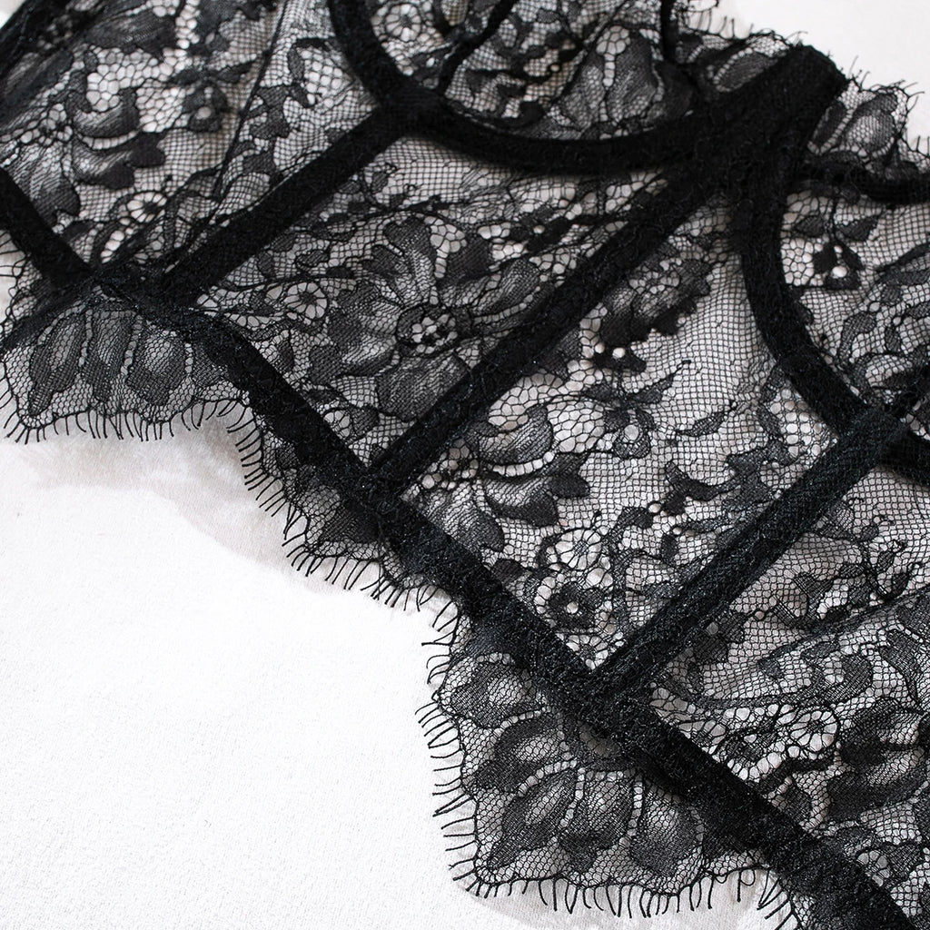 Krasapt-Lencería de encaje negro Sexy, conjuntos de dos piezas, ropa interior de encaje elegante, sujetadores y bragas eróticos, conjunto Bilizna atractivo transparente