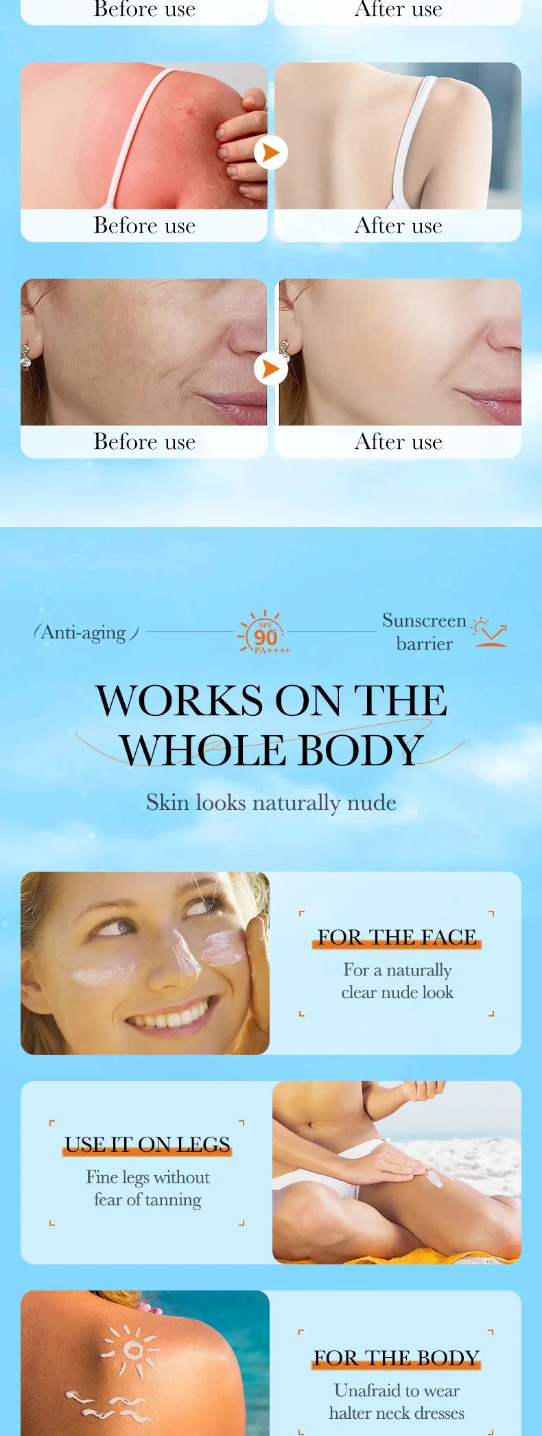 Loción solar súper 220ml con vitamina E para el cuerpo y la cara SPF 90 PA++++ Uso del cuerpo entero Protege + Hidratación