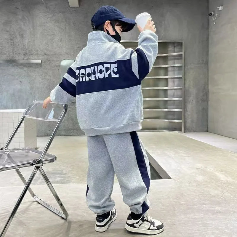 Conjunto de ropa de moda para niños, abrigo con cremallera de retales, pantalones, 2 uds. Para niños de 4 a 12 años, chándales, trajes informales para adolescentes, primavera y otoño