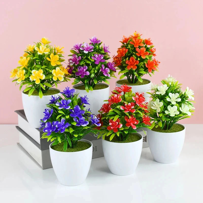 Flores Artificiales de Ciruelo de Cinco Hojas, Plantas Pequeñas en Maceta, Aptas para Interiores y Exteriores, Ideales para Decoración del Hogar y Bodas