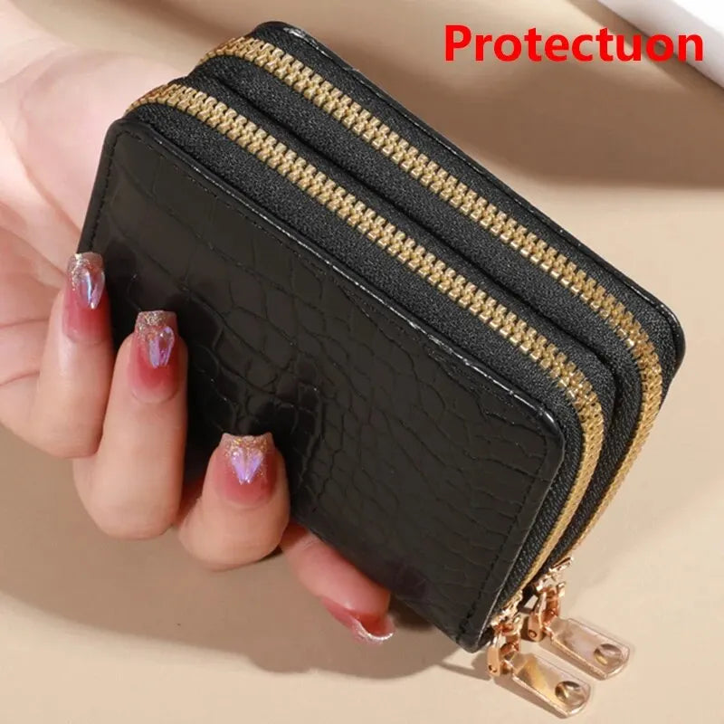 Cartera elegante para mujer con múltiples tarjetas: bolso de mano seguro con doble cremallera |   Monedero casual de cuero PU con bolso de tarjeta de cocodrilo de almacenamiento de estilo