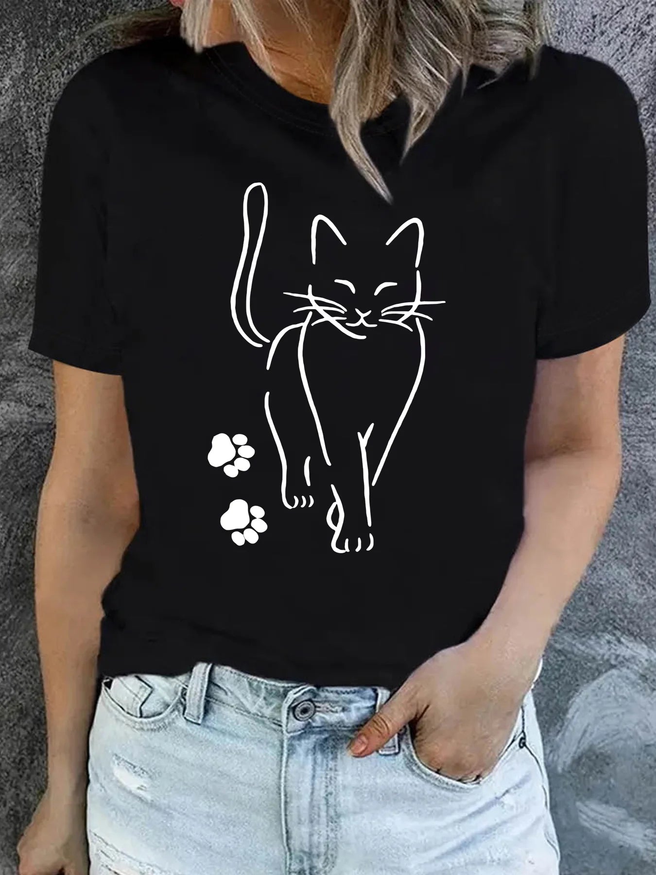 Cute Cat & Paw Print T-shirt Women's Harajuku Short Sleeve Casual Women's T-shirt Clothing Street Tops Tees Aesthetic Clothes