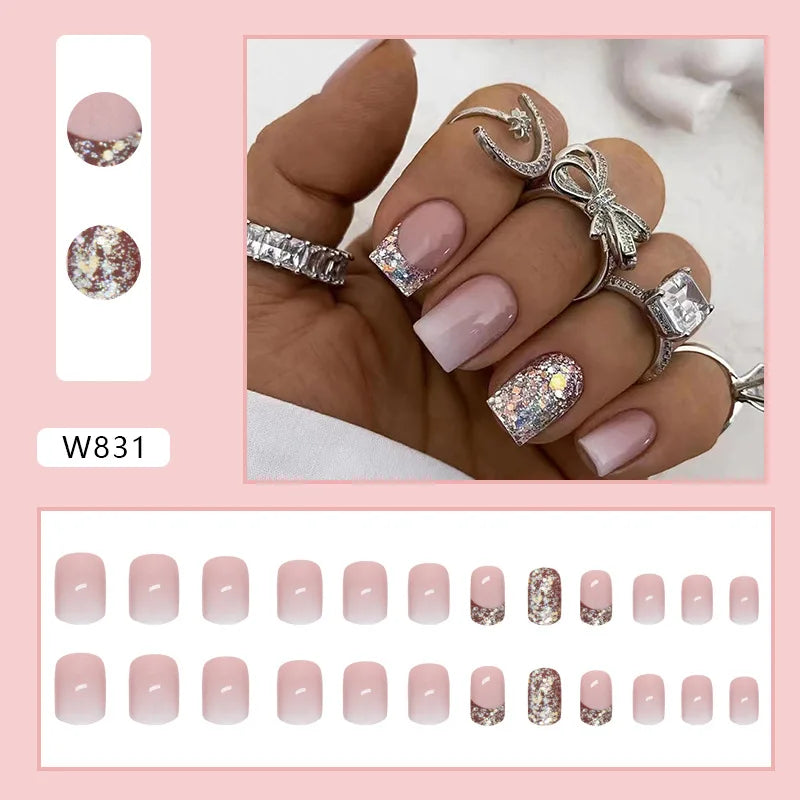 Dulce francés 24 Uds. De uñas postizas degradadas rosas, manicura de dedos artificiales brillantes, uñas postizas reutilizables para mujeres