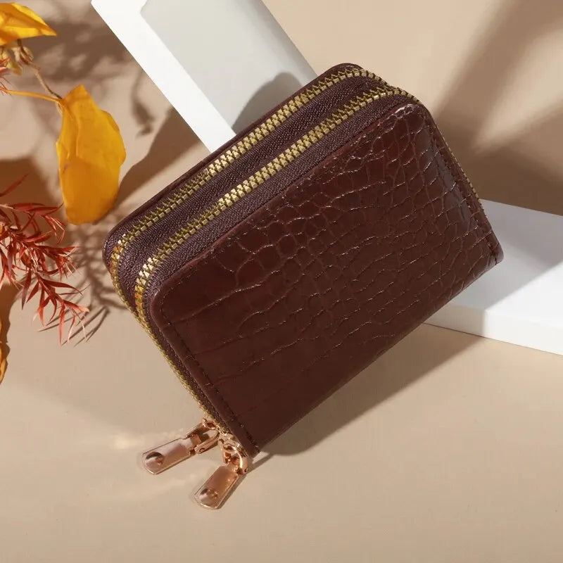 Cartera elegante para mujer con múltiples tarjetas: bolso de mano seguro con doble cremallera |   Monedero casual de cuero PU con bolso de tarjeta de cocodrilo de almacenamiento de estilo