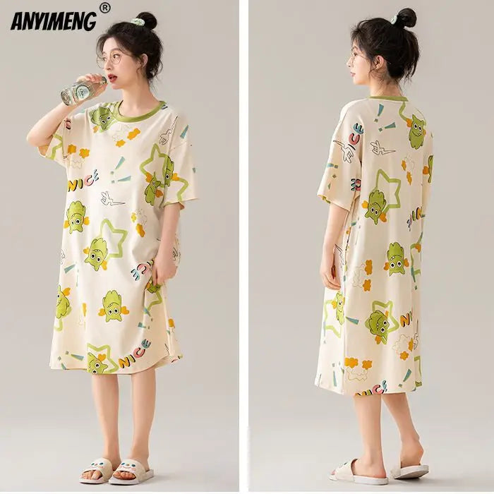 100% ALGODÓN! Camisón de verano para mujer de talla grande M-4XL, nuevo camisón antibacteriano HQ, camisón de manga corta, vestido informal