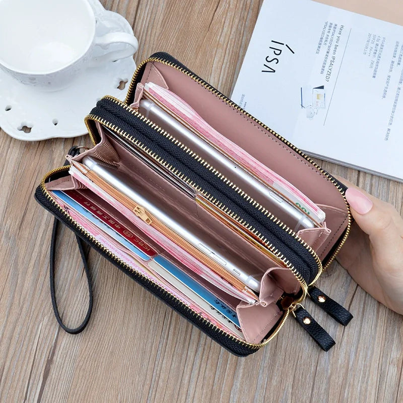 Cartera larga con doble cremallera para mujer, tarjetero de gran capacidad de cuero PU, bolso de mano con bolsillo para teléfono
