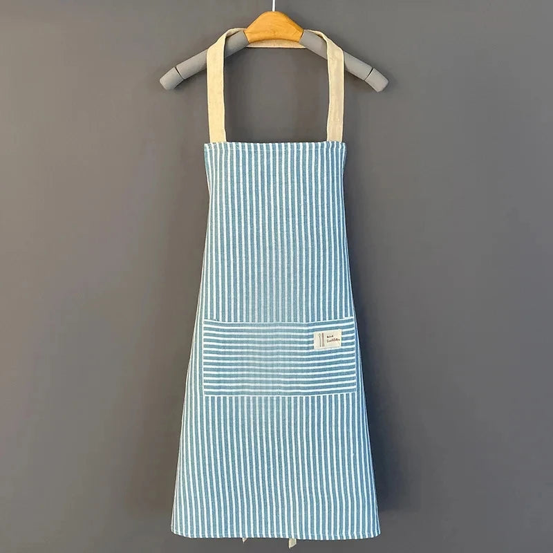 Delantal de lino a rayas para el hogar, sin mangas, cuello colgante, elasticidad ajustable, cocina, jardinería, delantal de estilo japonés nuevo