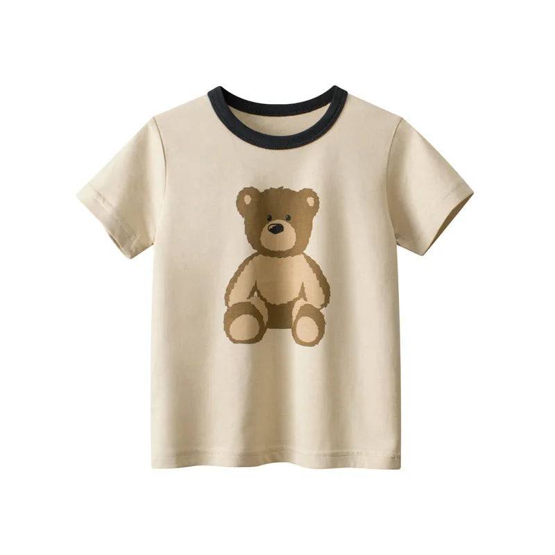 Camisetas cortas de manga corta para niños, 2023 algodón, oso, coche, animales, dibujos animados, Top deportivo informal, 100%