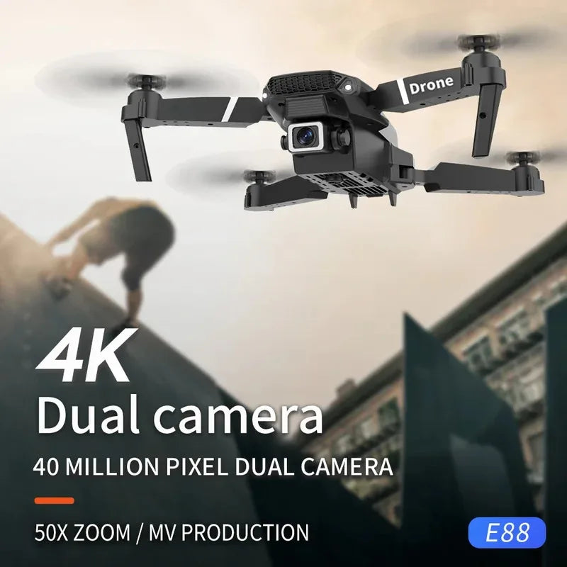 Dron plegable inteligente E88 Pro, compatible con conmutación de cámara simple/doble, calidad de imagen de 4K + disparo gran angular, WiFiDirect Real-Tim