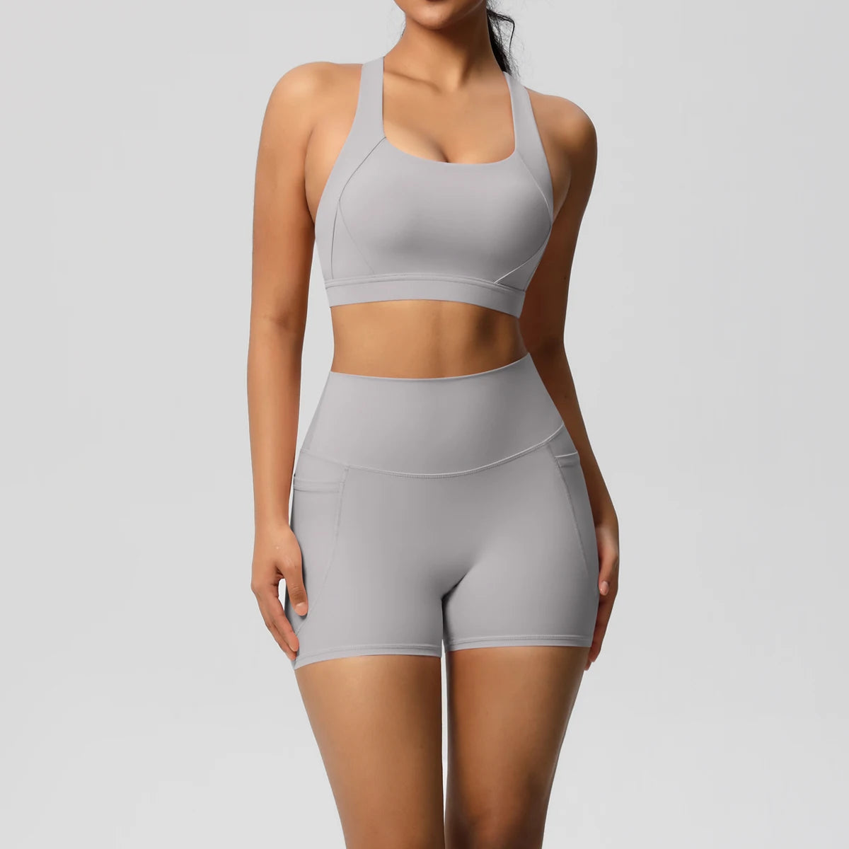 Ropa deportiva con bolsillo para mujer, conjunto de Yoga, ropa de gimnasio, trajes de Yoga para mujer, chándales, pantalones cortos deportivos, sujetador cruzado, mallas de gimnasio, 2 uds.