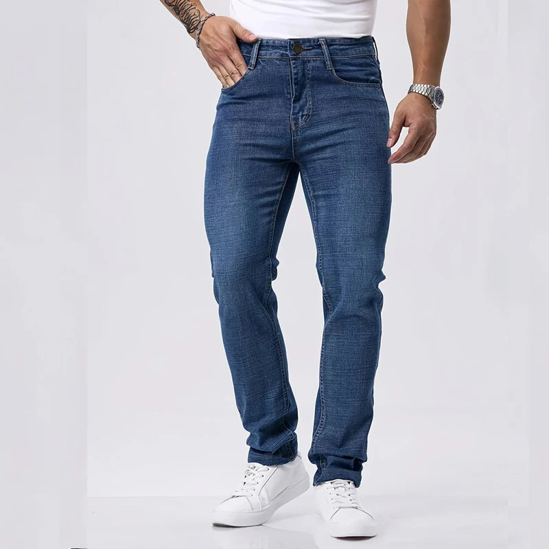Primavera otoño hombres de negocios Jeans Casual recto estiramiento moda clásico negro cielo azul gris trabajo Denim pantalones marca ropa