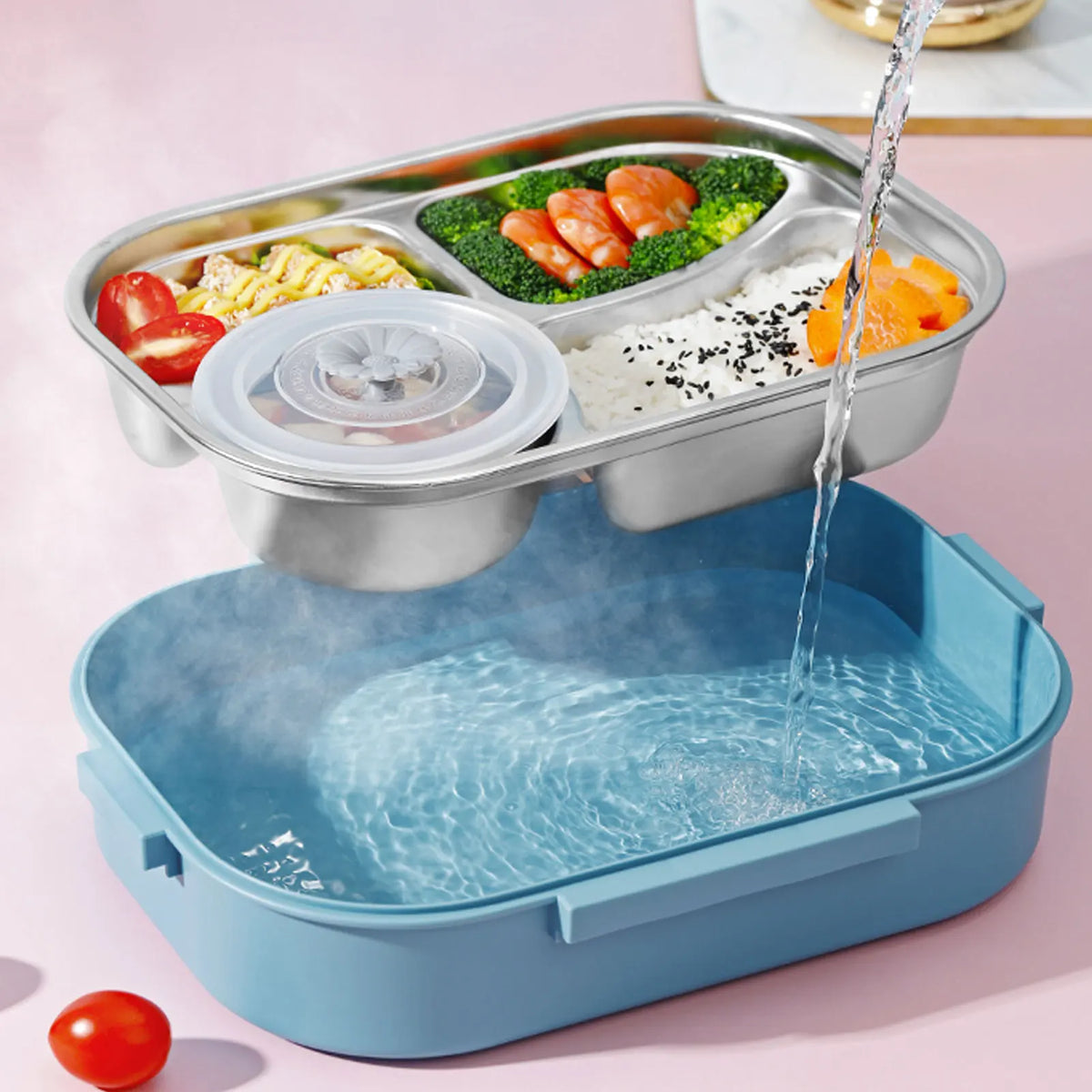 Fiambrera de acero inoxidable para estudiantes y adultos, contenedor de almacenamiento de alimentos, caja Bento portátil de 4 compartimentos