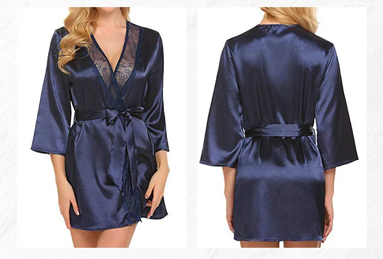 Bata de satén de encaje Sexy para mujer, ropa de dormir, camisón corto, Kimono, albornoz, lencería, camisón, vestido suave y cómodo negro de talla grande