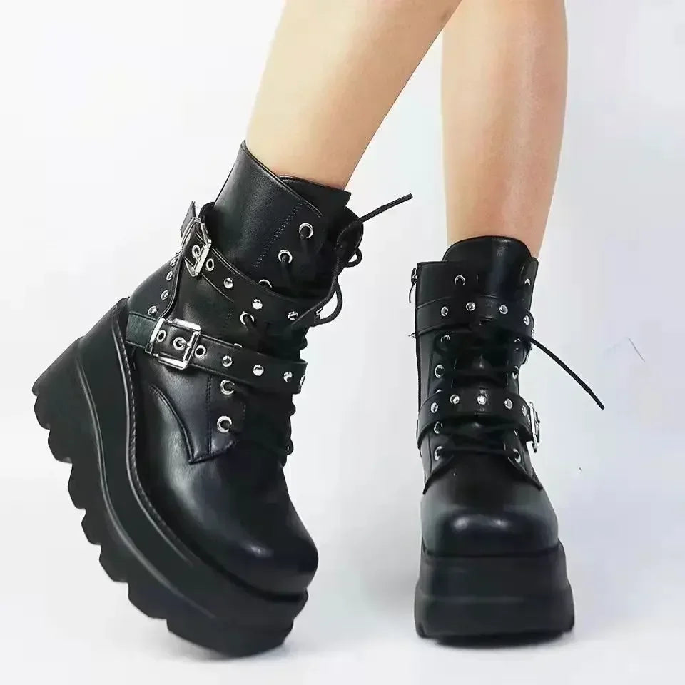 Nuevos botines de cuero Pu para mujer, Otoño Invierno, zapatos con cordones y punta redonda, botas góticas con plataforma para motocicleta para mujer, Cosplay
