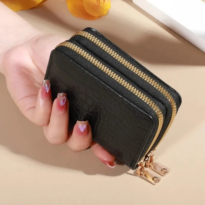 Cartera elegante para mujer con múltiples tarjetas: bolso de mano seguro con doble cremallera |   Monedero casual de cuero PU con bolso de tarjeta de cocodrilo de almacenamiento de estilo