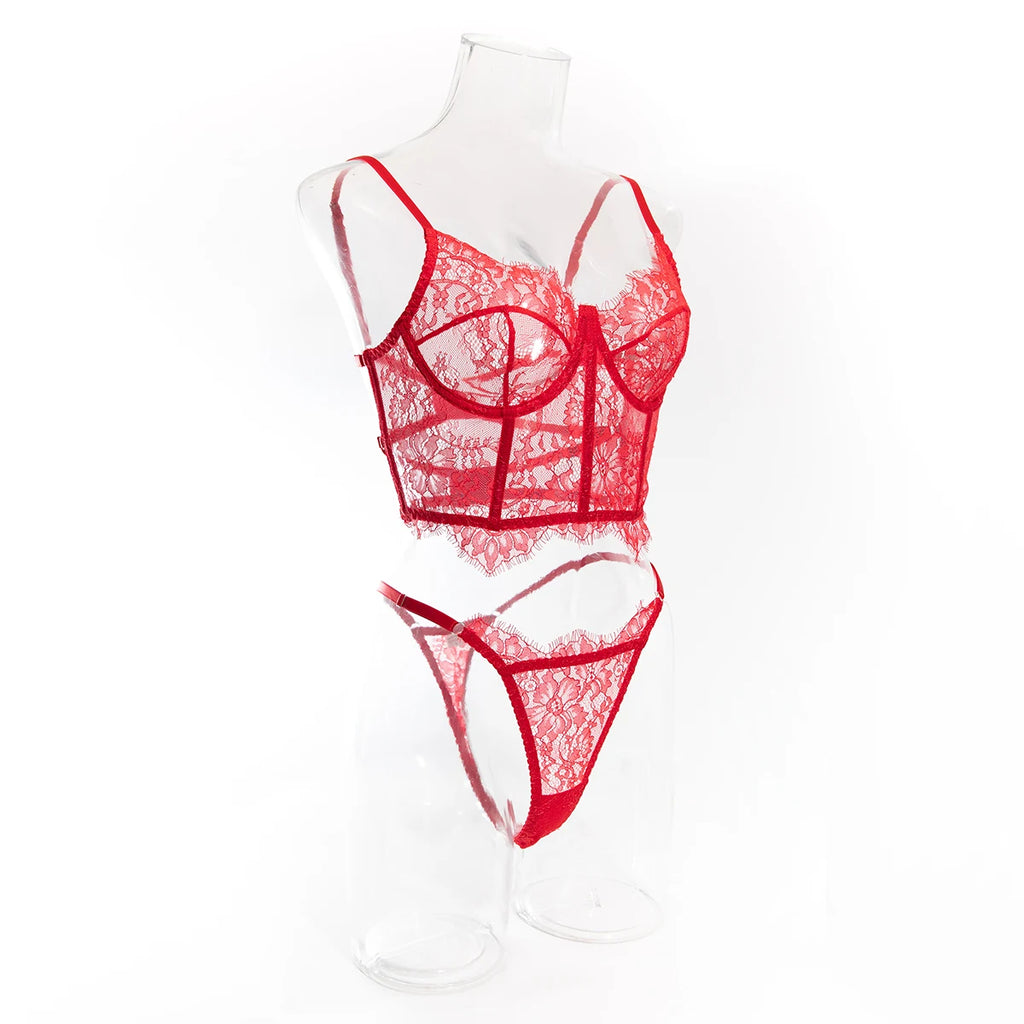 Krasapt-Lencería de encaje negro Sexy, conjuntos de dos piezas, ropa interior de encaje elegante, sujetadores y bragas eróticos, conjunto Bilizna atractivo transparente