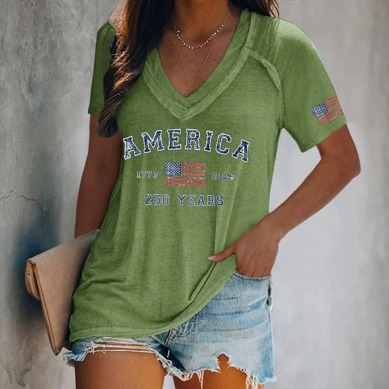 Camisetas con Estampado America 250 para Mujer, Camisetas Casuales Holgadas de Manga Corta con Cuello en V, Camisetas de Verano, Nueva Llegada 2026