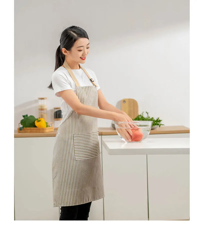 Delantal de lino a rayas para el hogar, sin mangas, cuello colgante, elasticidad ajustable, cocina, jardinería, delantal de estilo japonés nuevo