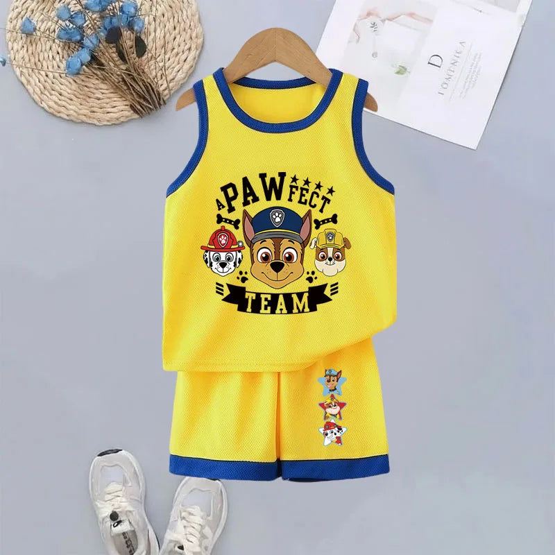 Conjuntos de ropa de malla de secado rápido con estampado de dibujos animados de la Patrulla Canina para niños, ropa de baloncesto para niños, conjunto de 2 piezas, conjunto de chaleco transpirable para niñas