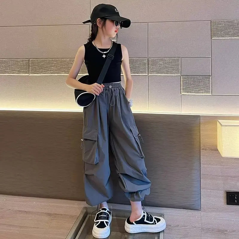 Pantalones Jogger Holgados para Niñas, Pantalones Cargo Casuales Rectos para Adolescentes, Pantalones de Moda para Niños con Bolsillos, Ropa Urbana para Niños Grandes de 5 a 14 Años