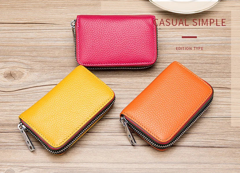 Tarjetero de cuero genuino para hombre y mujer, cartera pequeña con cremallera, monedero sólido, diseño de acordeón, identificación Rfid, bolsas para tarjetas de crédito comerciales
