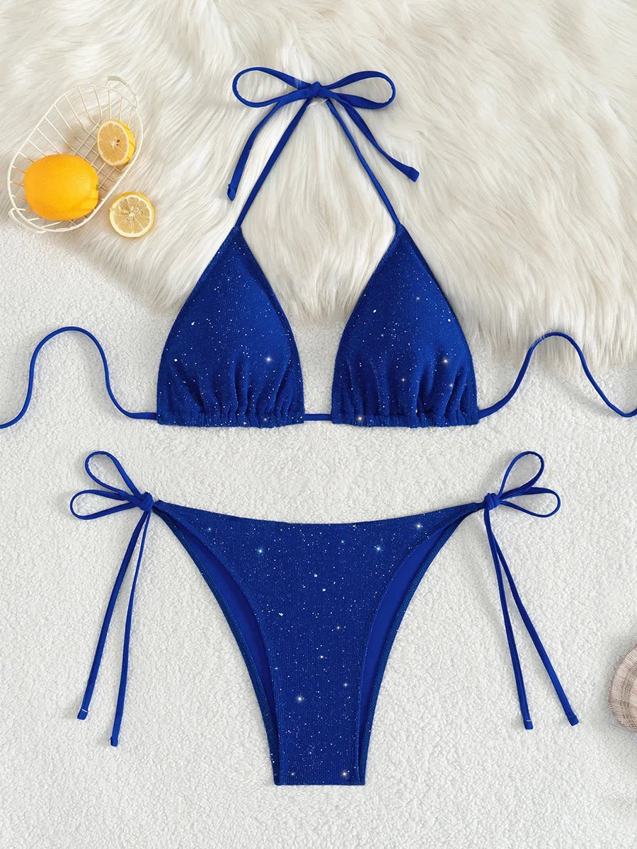 Bikini brillante con tiras y cuello Halter, Bikinis de corte alto para mujer, traje de baño para mujer, conjunto de Bikini de dos piezas, traje de baño 2025