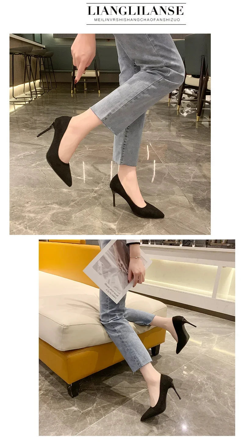 Primavera y otoño nuevos tacones altos negros Mujer boca poco profunda puntiaguda delgada con temperamento Sexy Zapatos individuales Zapatos De Mujer