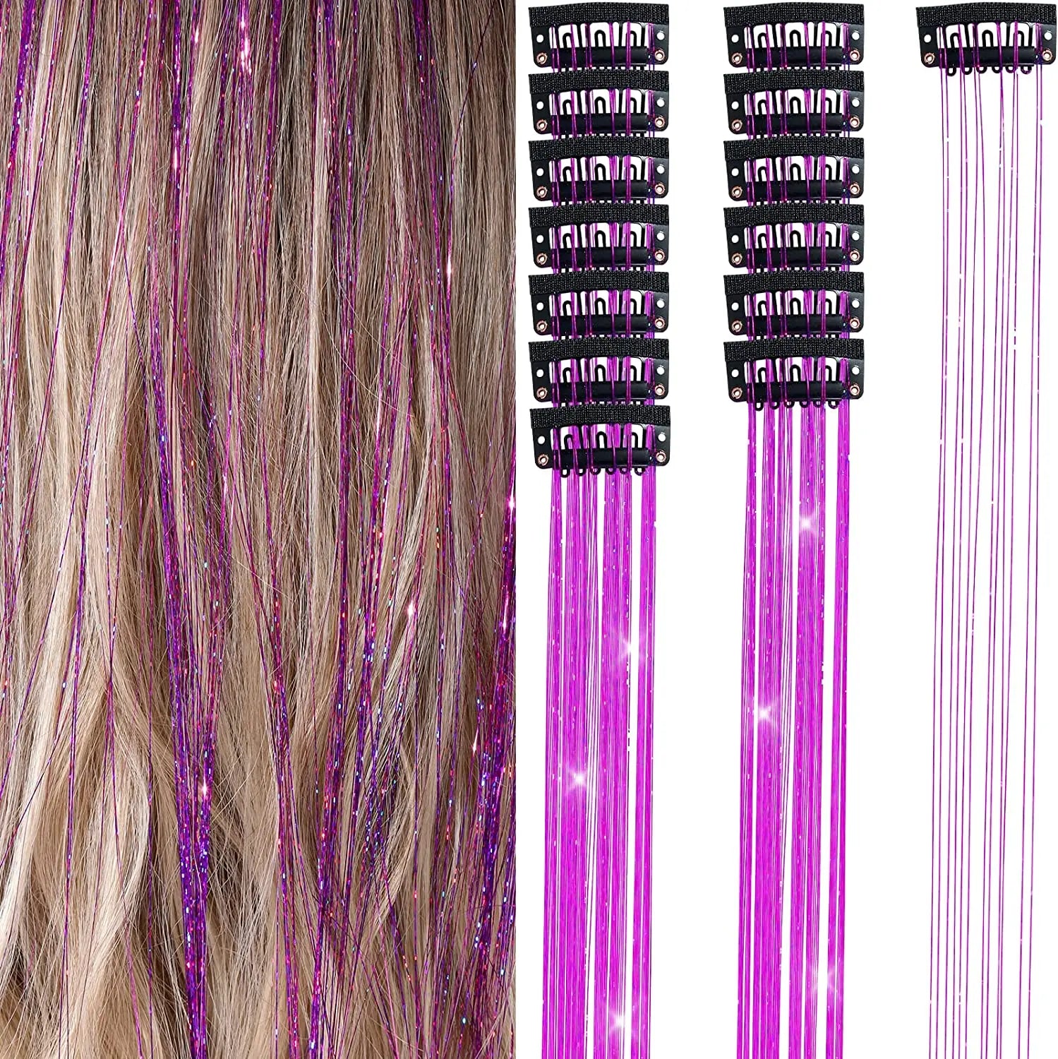 6 uds 50cm chispeantes pelo brillante oropel extensiones de cabello oropel extensiones de Clip de pelo sintético mujeres para tocado trenzado