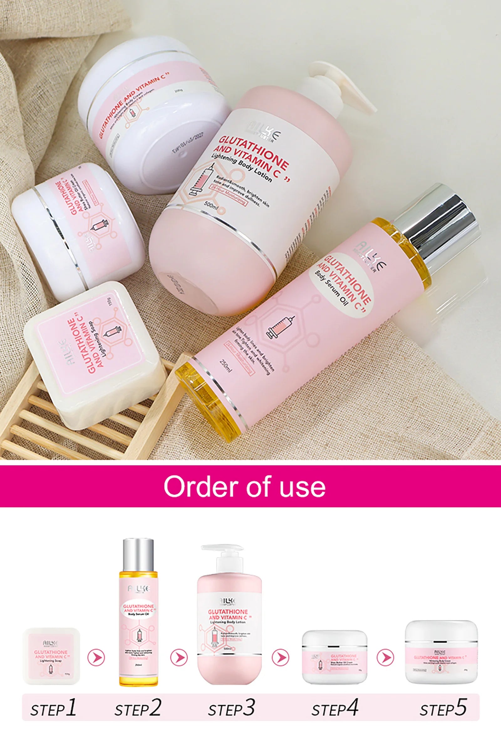 AILKE blanqueamiento eliminar manchas negras loción para el cuidado de la piel Facial crema hidratante glutatión corporal vitamina C piel negra cara nuevo conjunto