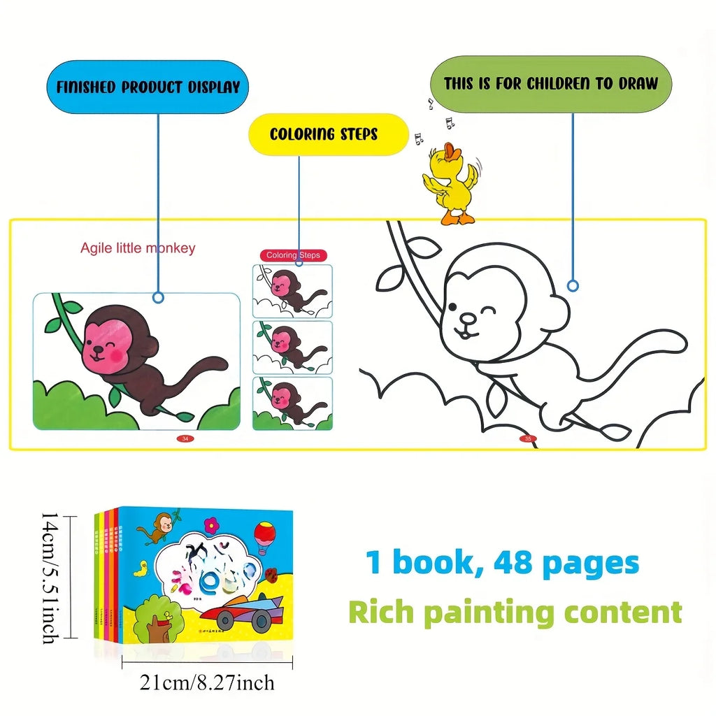 Cuaderno de bocetos de aprendizaje con animales de dibujos animados coloridos, 48 páginas, libro creativo para garabatos y colorear, cuaderno de bocetos interactivo temprano y bonito