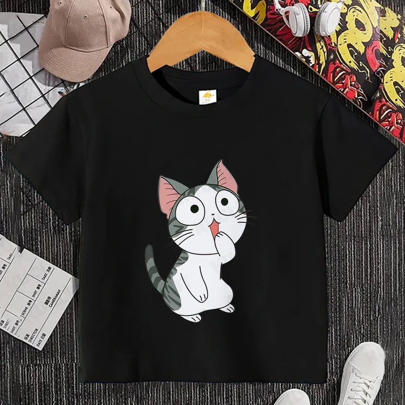 Camiseta con estampado de gato para niños y niñas, camiseta de dibujos animados, camiseta informal de manga corta, ropa cómoda y divertida para verano