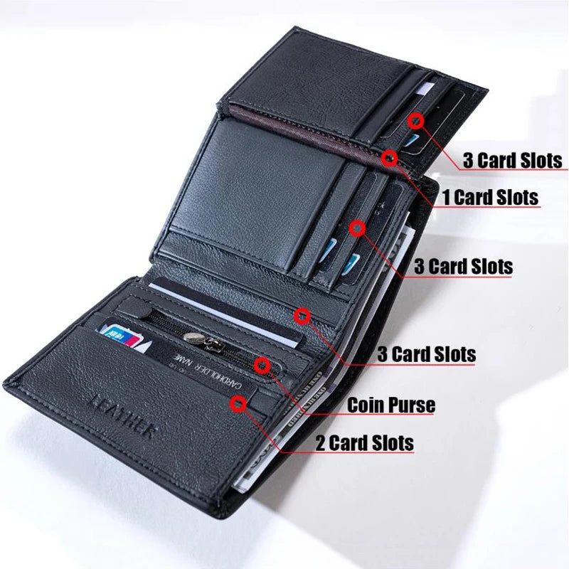 Cartera para hombre, billeteras de cuero genuino para hombre, monedero con cremallera, billeteras de negocios verticales, tarjetero antirrobo RFID, monedero