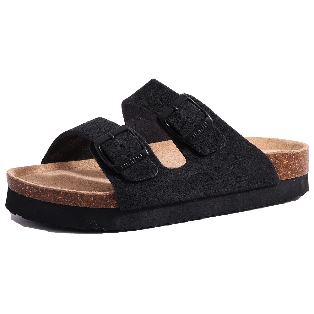 Comwarm Zapatillas tipo zuecos de ante para mujer, mulas de cuero, zapatillas planas clásicas de corcho para hombre, sandalias con reposapiés de corcho para exteriores con soporte para arco