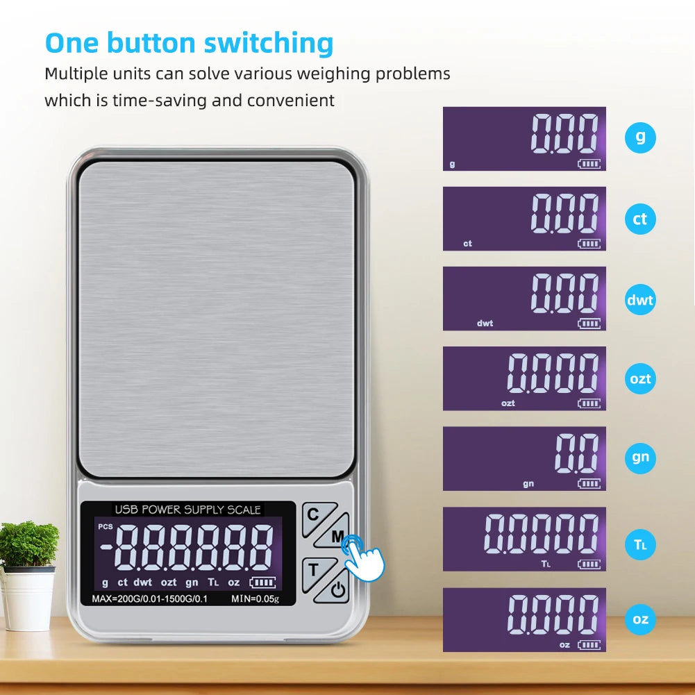 Báscula Digital para joyería, alta precisión, 200g/1000g x 0,01g, precisión, conteo inteligente, balanza de alimentos con gemas, báscula de bolsillo para cocina, carga USB
